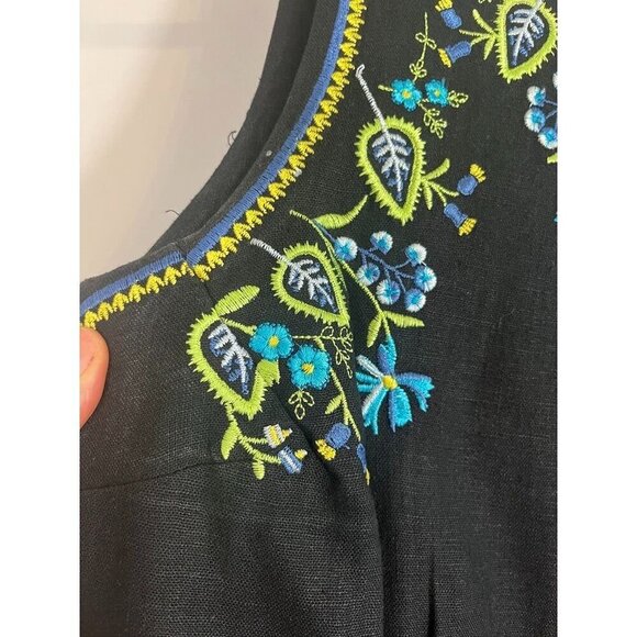 Retro Floral Linen Tank Dress 14 Black Cottagecore Embroidery Boho Old Money 90s - Picture 3 of 13